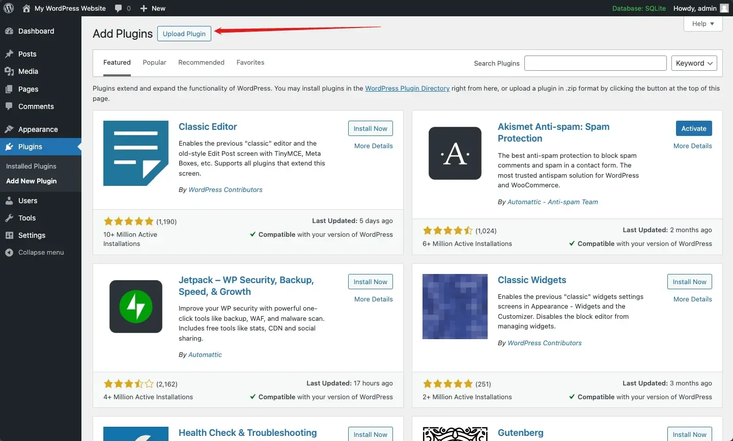 Open the Upload Plugin form