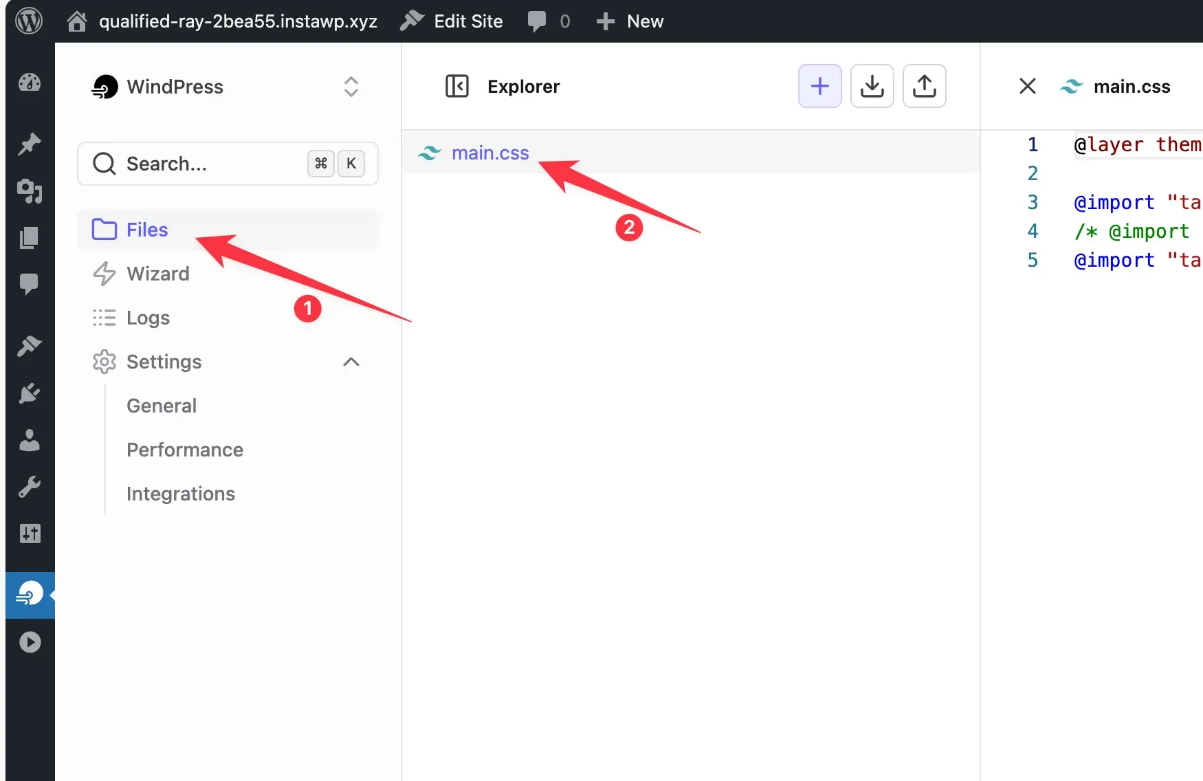 Switch to main.css file editor tab